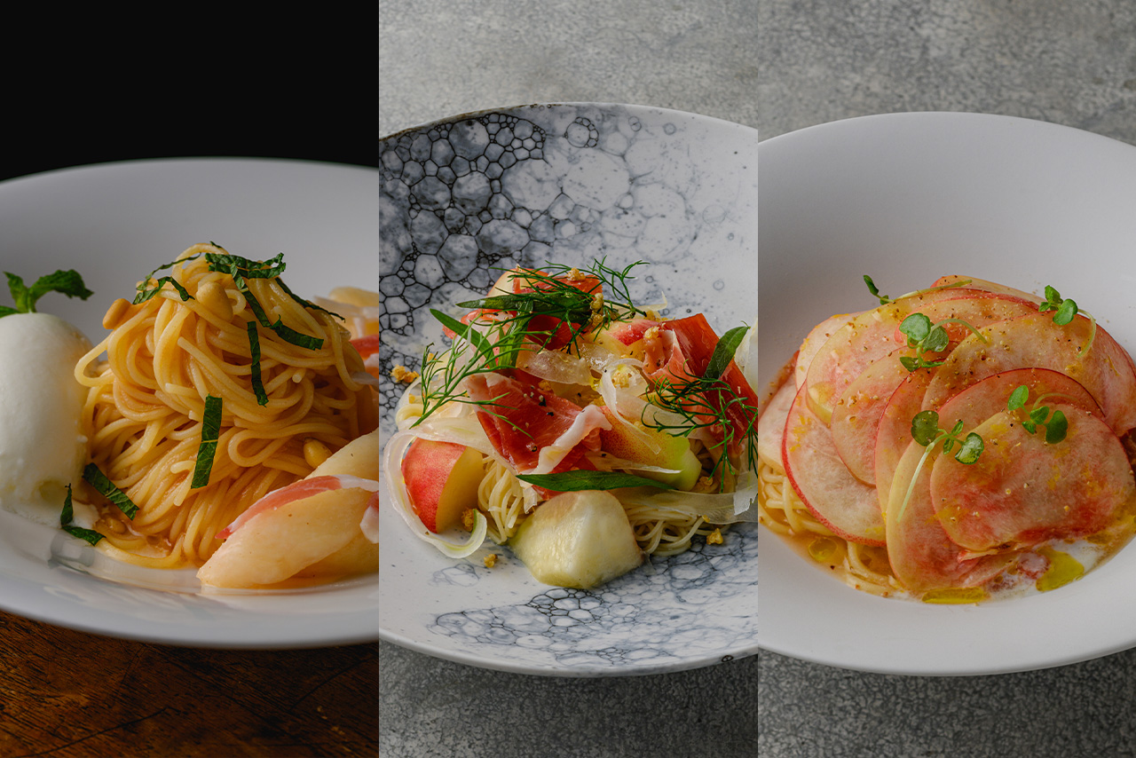 旬の桃を使用したパスタ